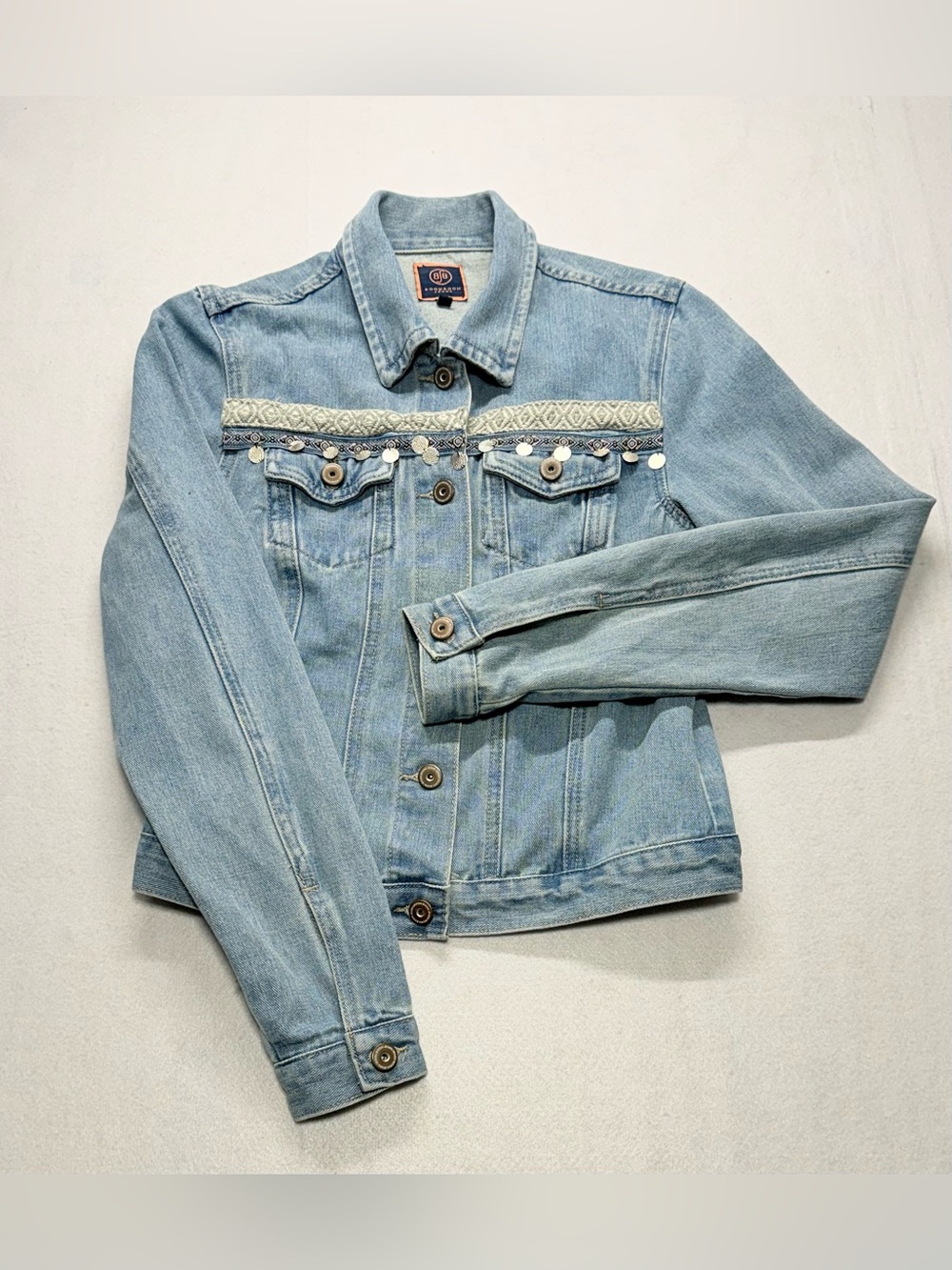 Boom Boom Jeans Light Blue Denim Jacket with Embroidered Trim and Sequins Size S